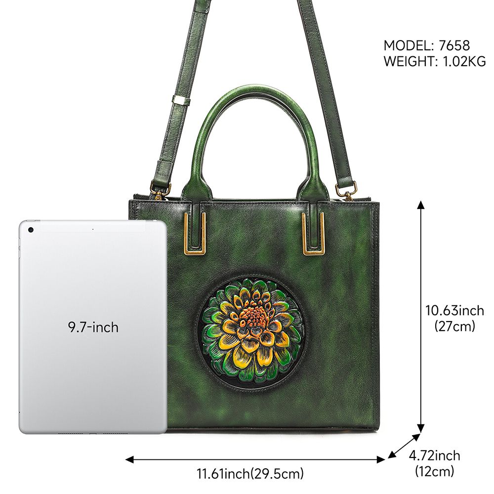 Women’s Genuine Leather Floral Embossed Vintage Tote Handbag