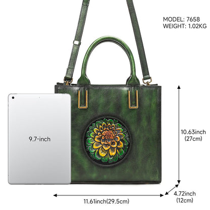 Women’s Genuine Leather Floral Embossed Vintage Tote Handbag