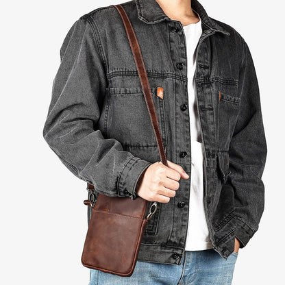 Men’s Crazy Horse Genuine Cow Leather Phone Pouch – Vintage Crossbody Messenger Bag