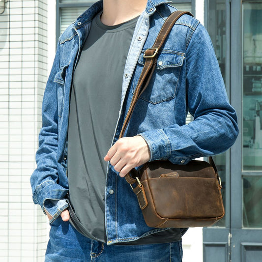Men’s Vintage Crazy Horse Cow Leather Crossbody – Classic Shoulder Messenger