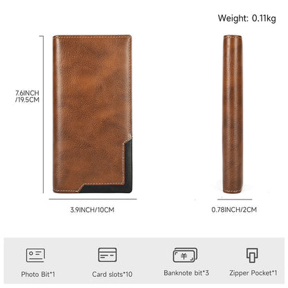 RFID Blocking Genuine Leather Long Wallet with Phone Pocket – Vintage Travel Clutch for Men