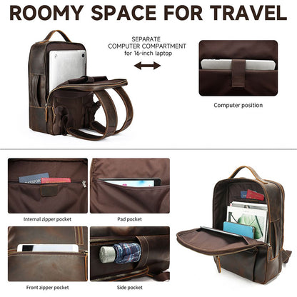 Urbanex Full Grain Cow Leather Travel Backpack – Waterproof, Large-Capacity Laptop Rucksack