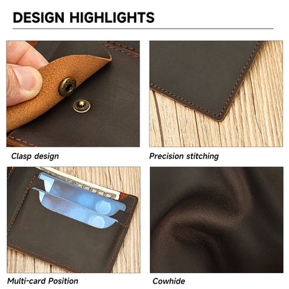 Vintage Genuine Leather Short Bifold Wallet with Coin Pocket – Waterproof Design