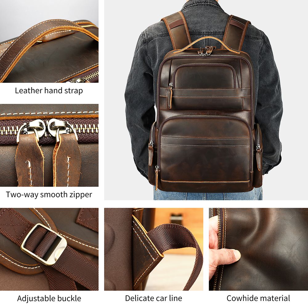 Crazy Horse Genuine Leather 16″ Laptop Backpack – Large Capacity Waterproof Travel & Hiking Bag for Men