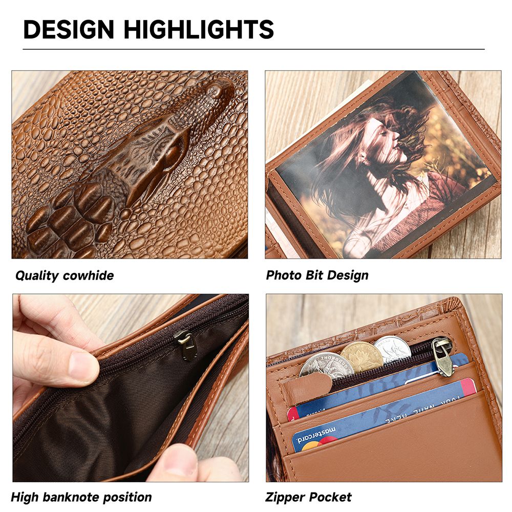 Crocodile-Pattern RFID Anti-Theft Leather Bifold Wallet – Vintage Waterproof Design