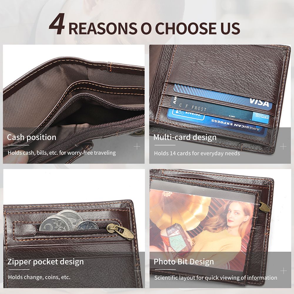 Genuine Cow Leather RFID Bifold Short Wallet with Coin Pocket – Slim & Waterproof
