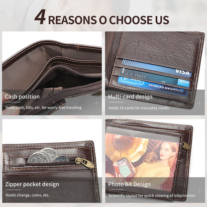 Genuine Cow Leather RFID Bifold Short Wallet with Coin Pocket – Slim & Waterproof