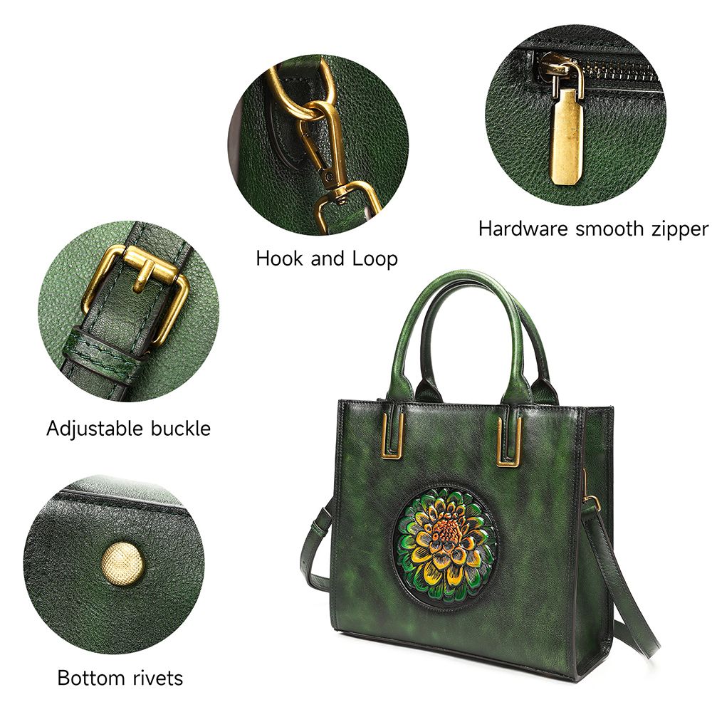Women’s Genuine Leather Floral Embossed Vintage Tote Handbag