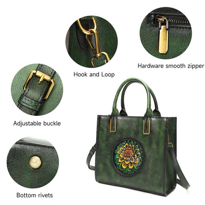 Women’s Genuine Leather Floral Embossed Vintage Tote Handbag