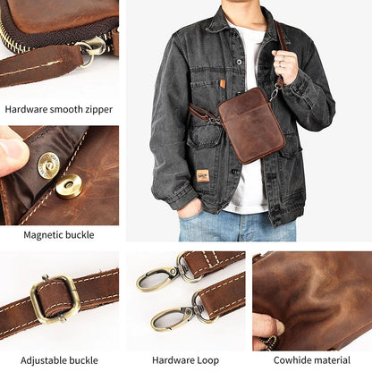 Men’s Crazy Horse Genuine Cow Leather Phone Pouch – Vintage Crossbody Messenger Bag