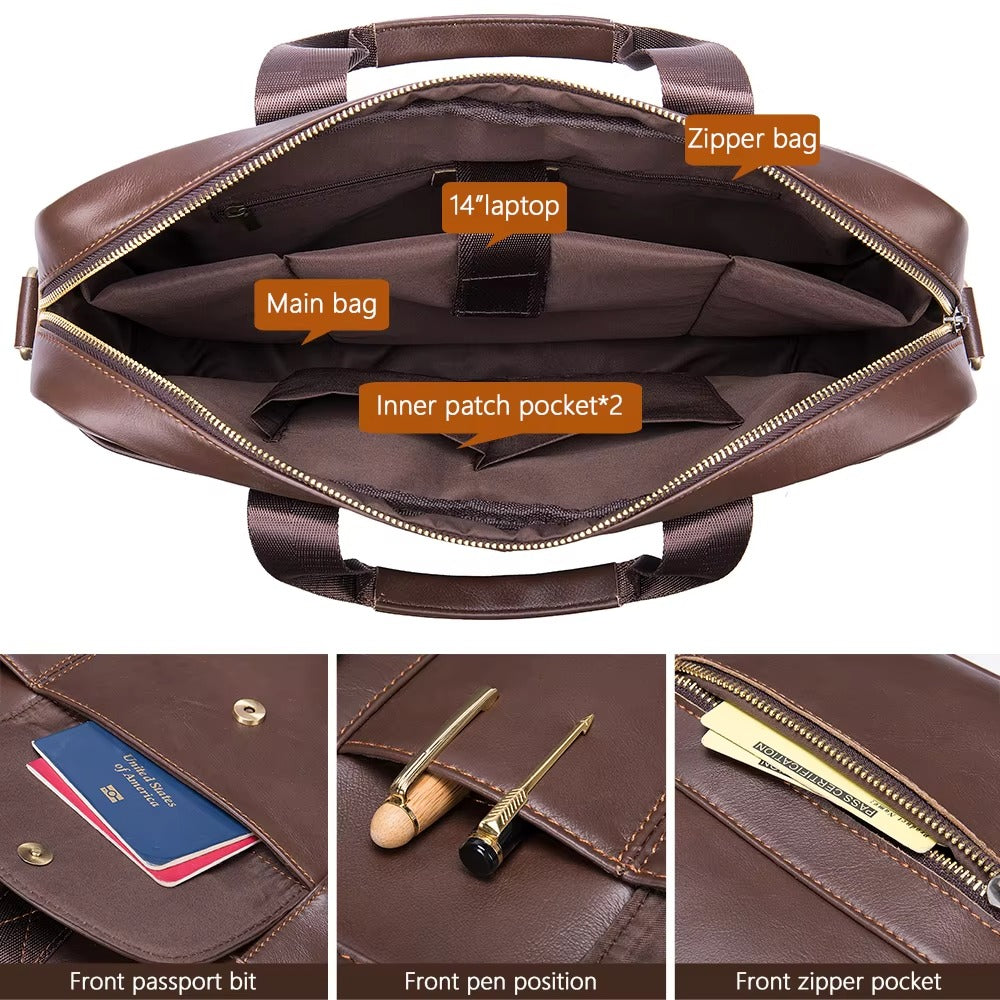 Men’s Genuine Leather Laptop Bag – Business Executive Briefcase & Messenger Bag for 15.6" Laptop