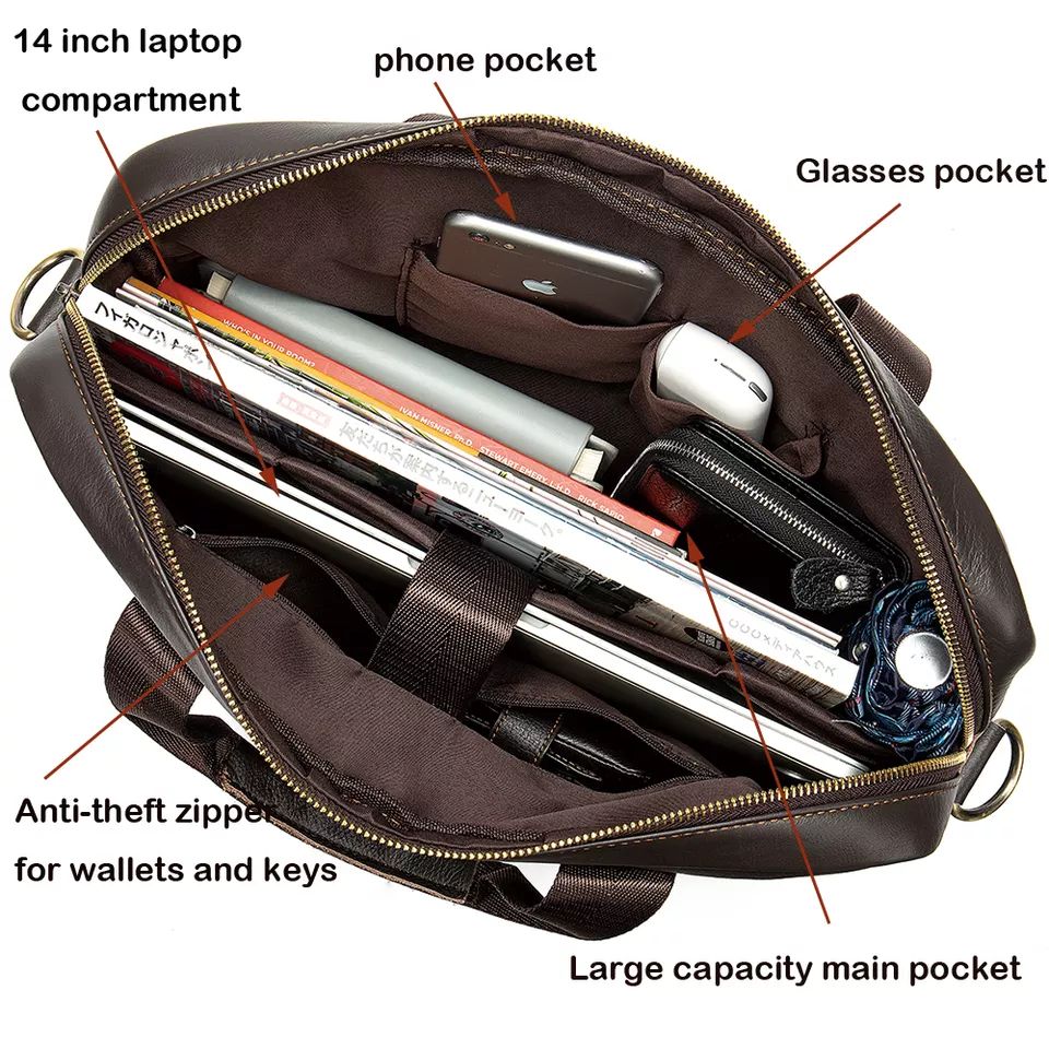 Men’s Leather Office Briefcase – 14″ Laptop & Document Messenger Bag for Business