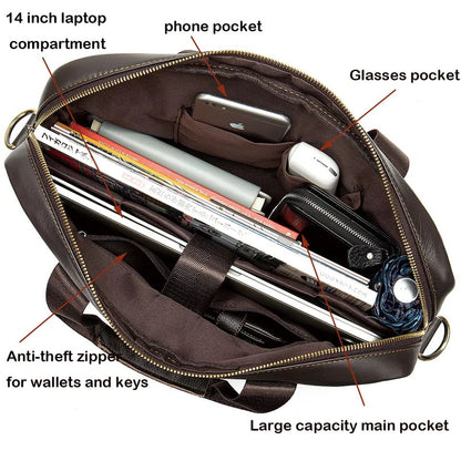 Men’s Leather Office Briefcase – 14″ Laptop & Document Messenger Bag for Business