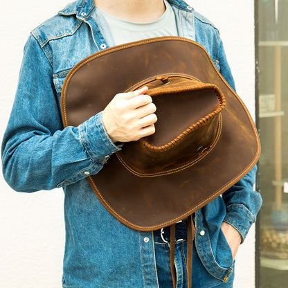 Men’s Vintage Crazy Horse Genuine Leather Western Trucker Sun Hat