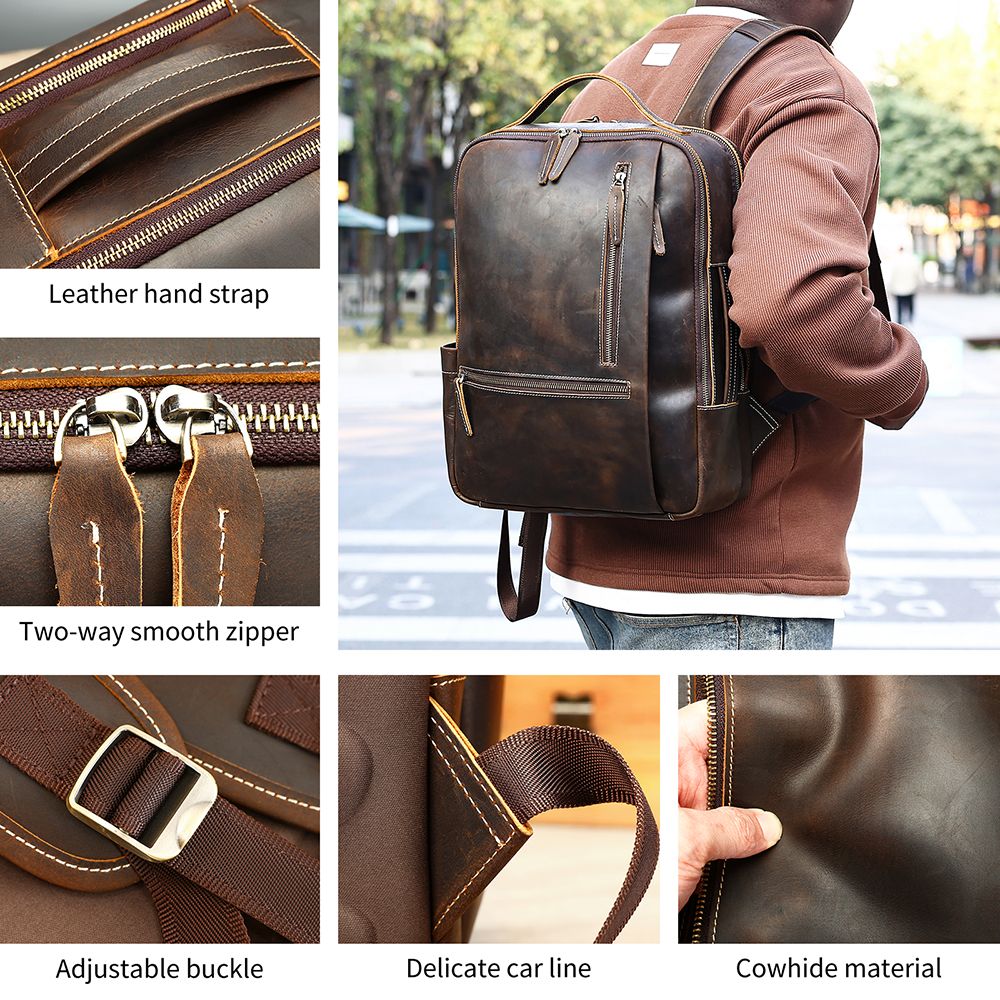 Urbanex Full Grain Cow Leather Travel Backpack – Waterproof, Large-Capacity Laptop Rucksack