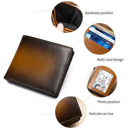 Vintage Short Bifold RFID Anti-Theft Wallet – Genuine Leather for Men