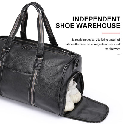 Water-Resistant Crazy Horse Cow Leather Weekend Duffel – Men’s Travel Bag with Shoe Compartment