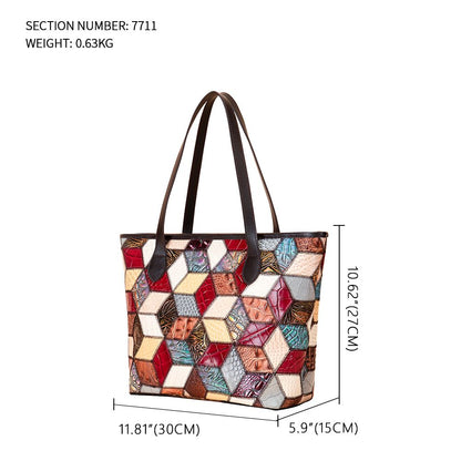 Women’s Genuine Leather Vintage Patchwork Tote Handbag