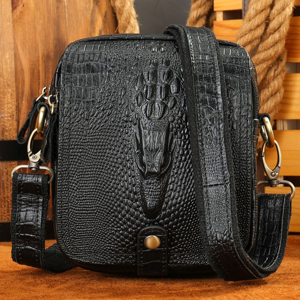 Crocodile-Print Leather Small Crossbody Sling Bag – Waterproof Messenger for Daily Work