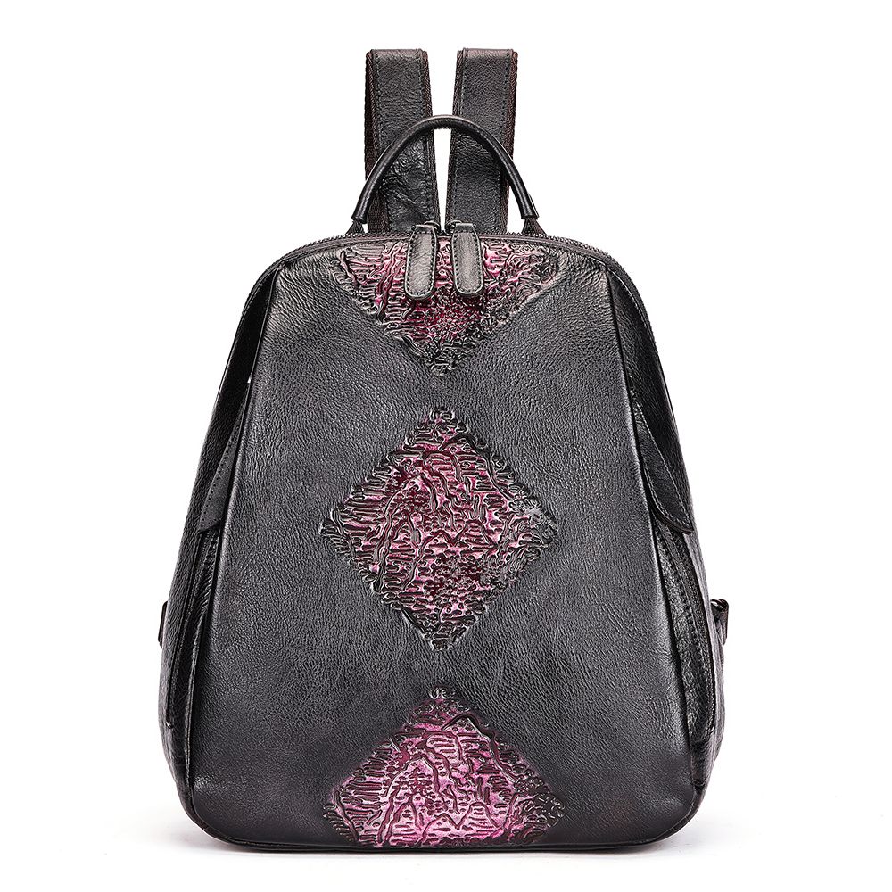 Women’s Genuine Leather Floral Embossed Vintage Backpack