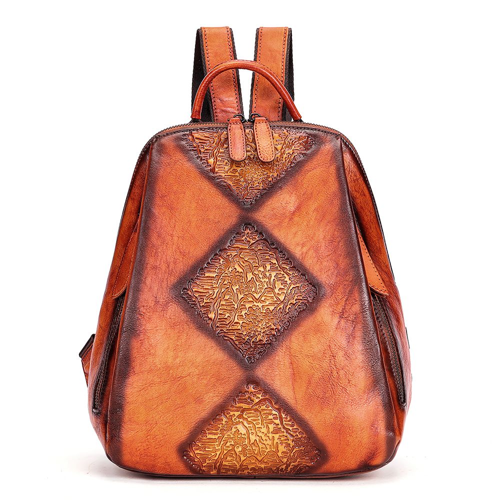 Women’s Genuine Leather Floral Embossed Vintage Backpack