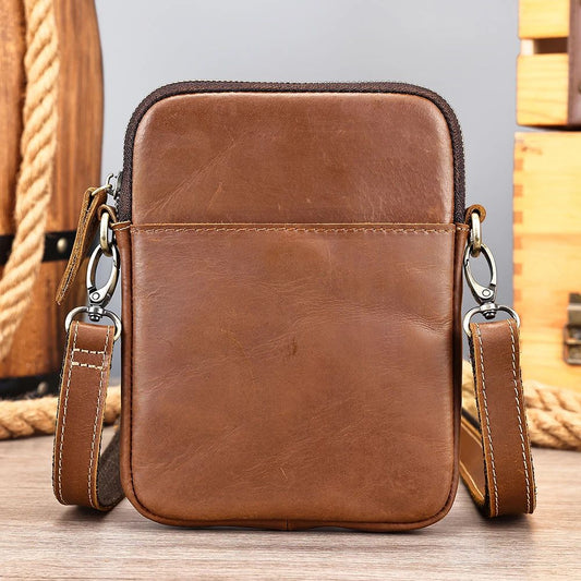 Men’s Crazy Horse Genuine Cow Leather Phone Pouch – Vintage Crossbody Messenger Bag