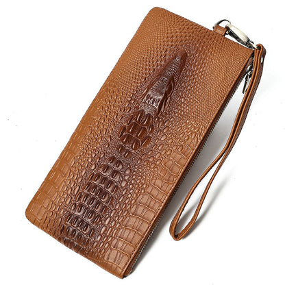 Crocodile Texture Genuine Leather Long Clutch Wallet with Wristlet – Checkbook & Cash Organiser
