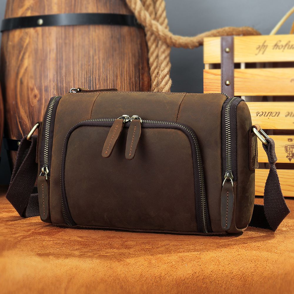 Retro Crazy Horse Cow Leather Square Bag – Men’s Vintage Crossbody Pouch