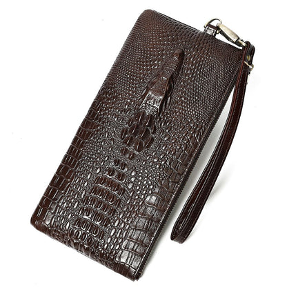 Crocodile Texture Genuine Leather Long Clutch Wallet with Wristlet – Checkbook & Cash Organiser