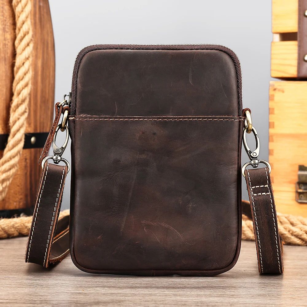 Men’s Crazy Horse Genuine Cow Leather Phone Pouch – Vintage Crossbody Messenger Bag