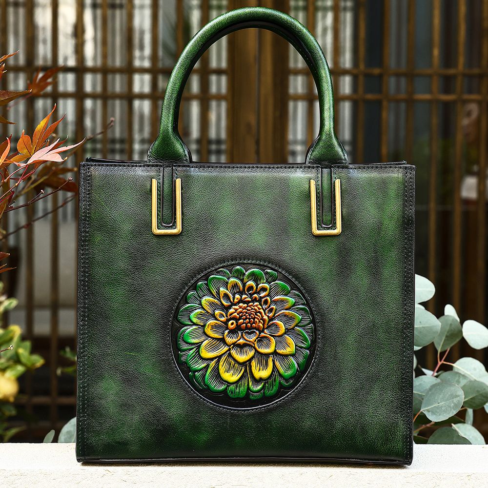 Women’s Genuine Leather Floral Embossed Vintage Tote Handbag