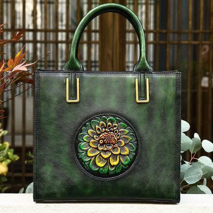 Women’s Genuine Leather Floral Embossed Vintage Tote Handbag