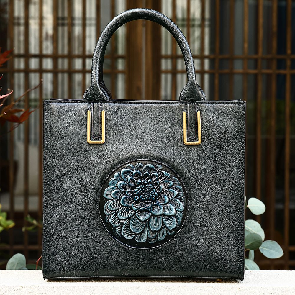 Women’s Genuine Leather Floral Embossed Vintage Tote Handbag