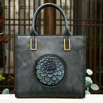 Women’s Genuine Leather Floral Embossed Vintage Tote Handbag