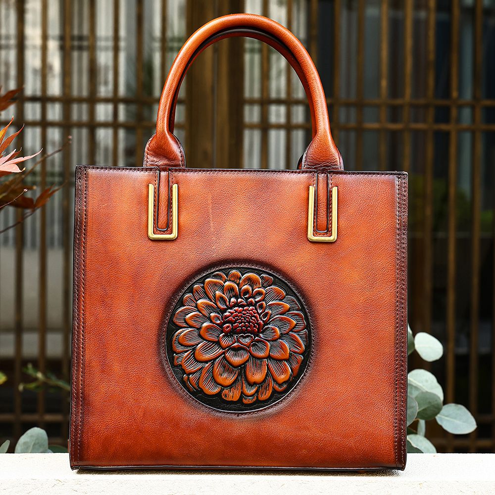 Women’s Genuine Leather Floral Embossed Vintage Tote Handbag