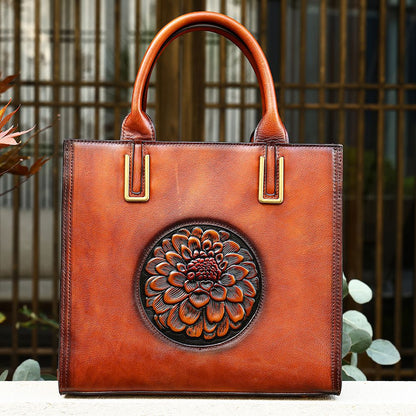 Women’s Genuine Leather Floral Embossed Vintage Tote Handbag