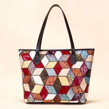 Women’s Genuine Leather Vintage Patchwork Tote Handbag