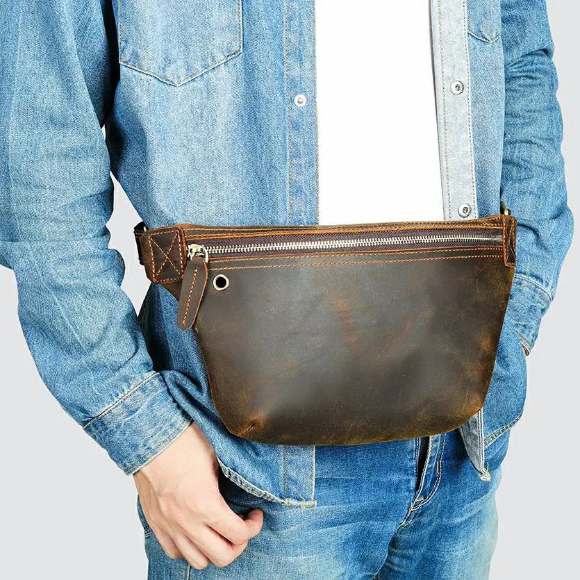 Crazy Horse Cowhide Leather Waist & Crossbody Bag – Men’s Vintage Chest Pouch - The Urbanex