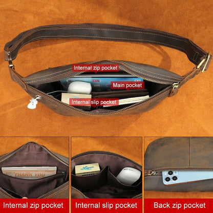 Crazy Horse Cowhide Leather Waist & Crossbody Bag – Men’s Vintage Chest Pouch - The Urbanex