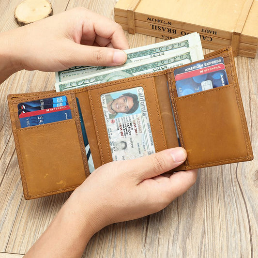Crazy Horse Genuine Leather Men’s Trifold Wallet – Vintage Slim Design with Button Strap - The Urbanex