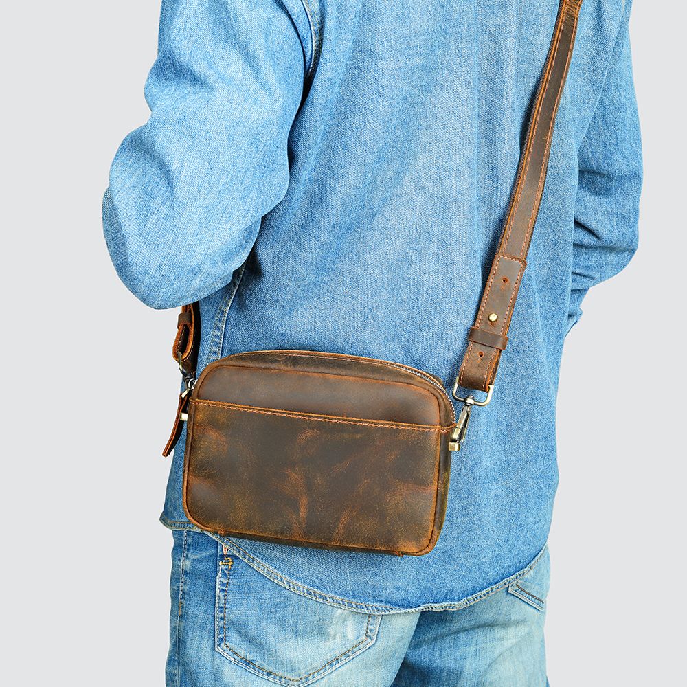 Men’s Crazy Horse Genuine Cow Leather Small Shoulder Bag – Vintage Crossbody Messenger - The Urbanex