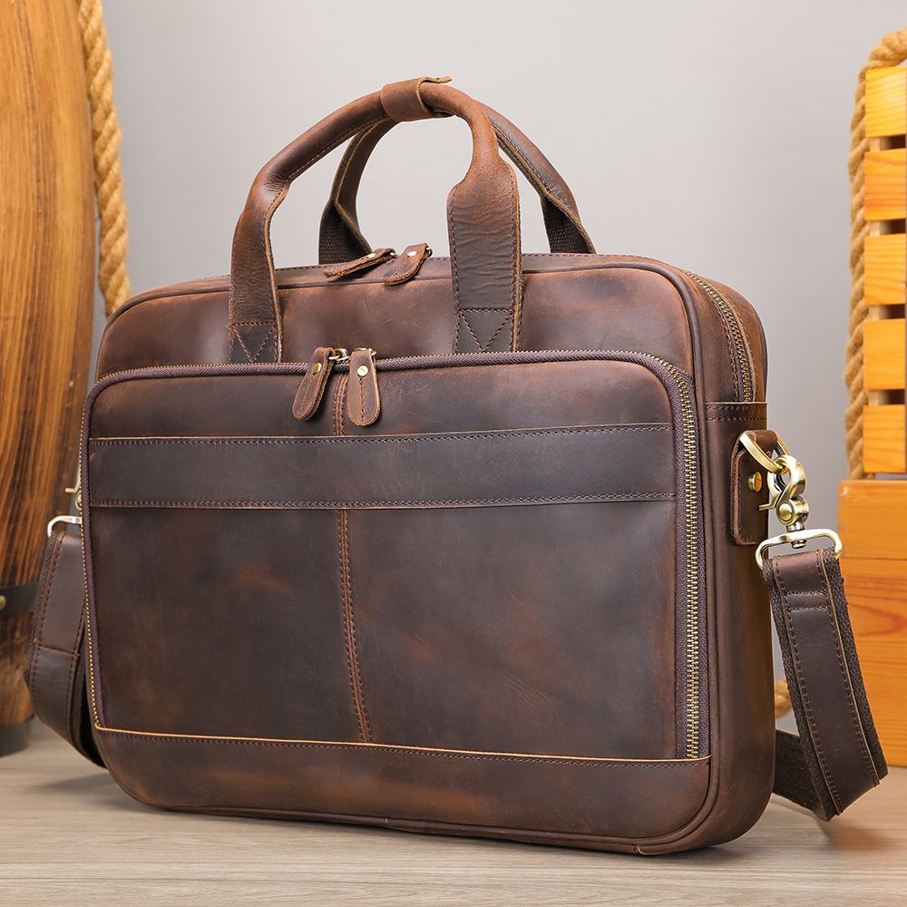 Men’s Genuine Crazy Horse Leather Vintage Laptop Briefcase - The Urbanex