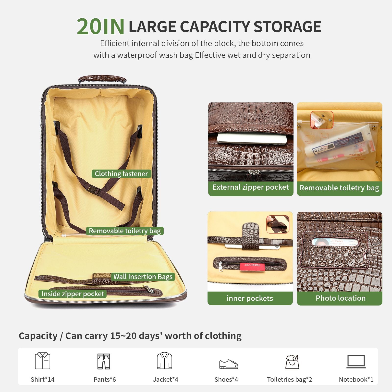 Men’s Genuine Leather Crocodile - Pattern 20″ Carry - On Trolley Suitcase - The Urbanex
