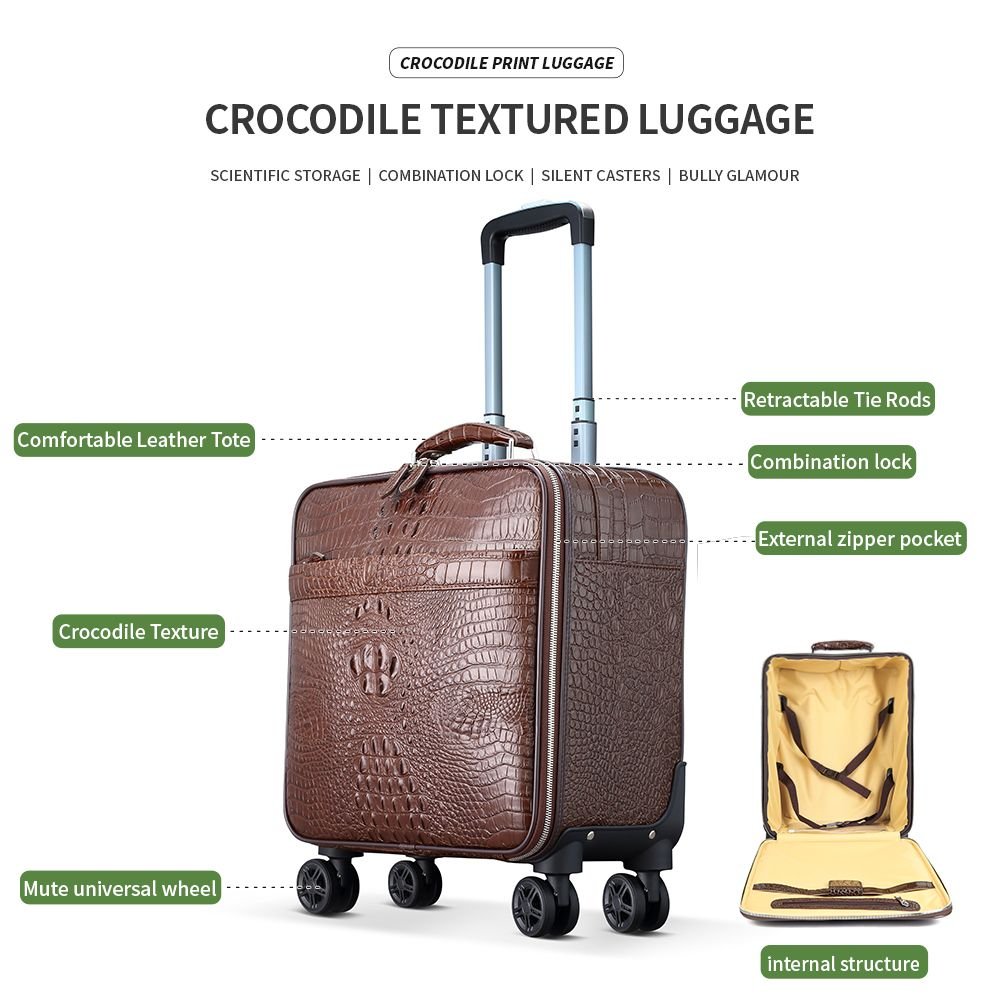 Men’s Genuine Leather Crocodile - Print 18″ Carry - On Luggage Trolley - The Urbanex