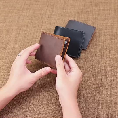 Vintage Genuine Leather Short Bifold Wallet with Coin Pocket – Waterproof Design
