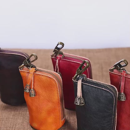 Leather Zipper Coin Purse – Mini Vintage Wallet for Men