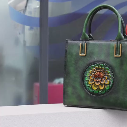 Women’s Genuine Leather Floral Embossed Vintage Tote Handbag