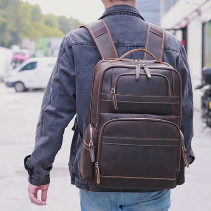 Crazy Horse Genuine Leather 16″ Laptop Backpack – Large Capacity Waterproof Travel & Hiking Bag for Men