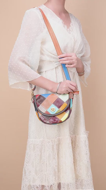 Women’s Genuine Leather Multi-Color Boho Geometric Crossbody Bag