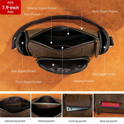 Retro Crazy Horse Cow Leather Square Bag – Men’s Vintage Crossbody Pouch - The Urbanex